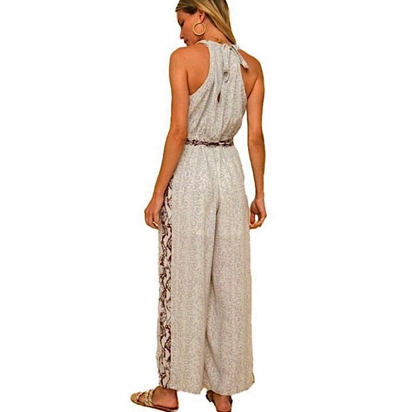 Hem & Thread Surplus Snake Print Belted Wide Leg Jumpsuit Silver/Brown S (4/6) - Picture 4 of 12